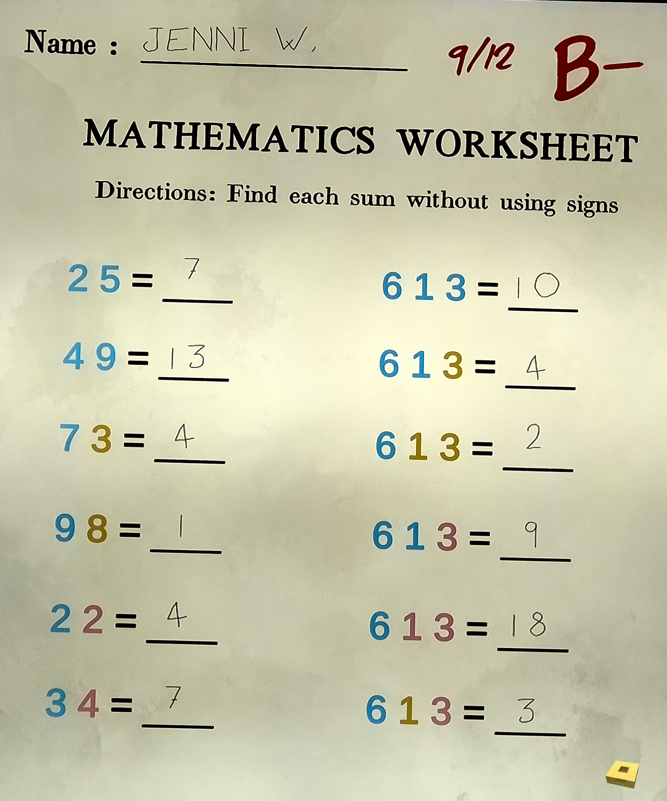 34 Maths Worksheet (I)